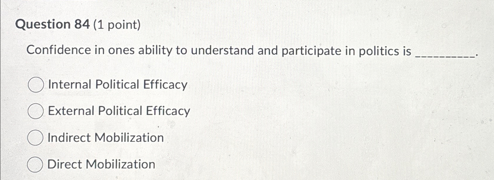  Question 84(1 point) Confidence in ones ability to understand and participate