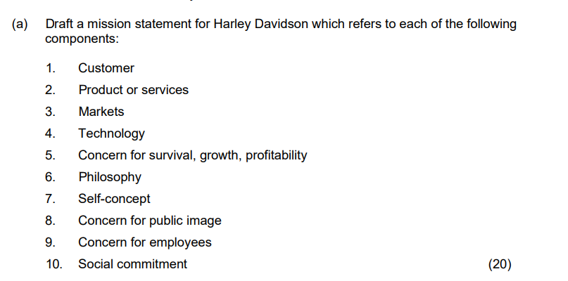  (a) Draft a mission statement for Harley Davidson which refers to