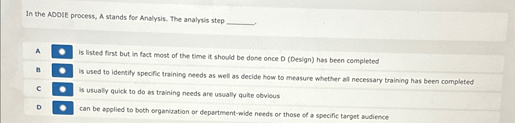  In the ADDIE process, A stands for Analysis. The analysis step