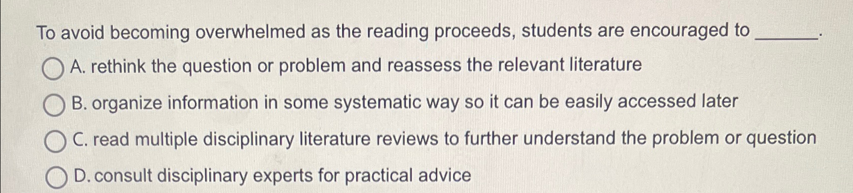  To avoid becoming overwhelmed as the reading proceeds, students are encouraged