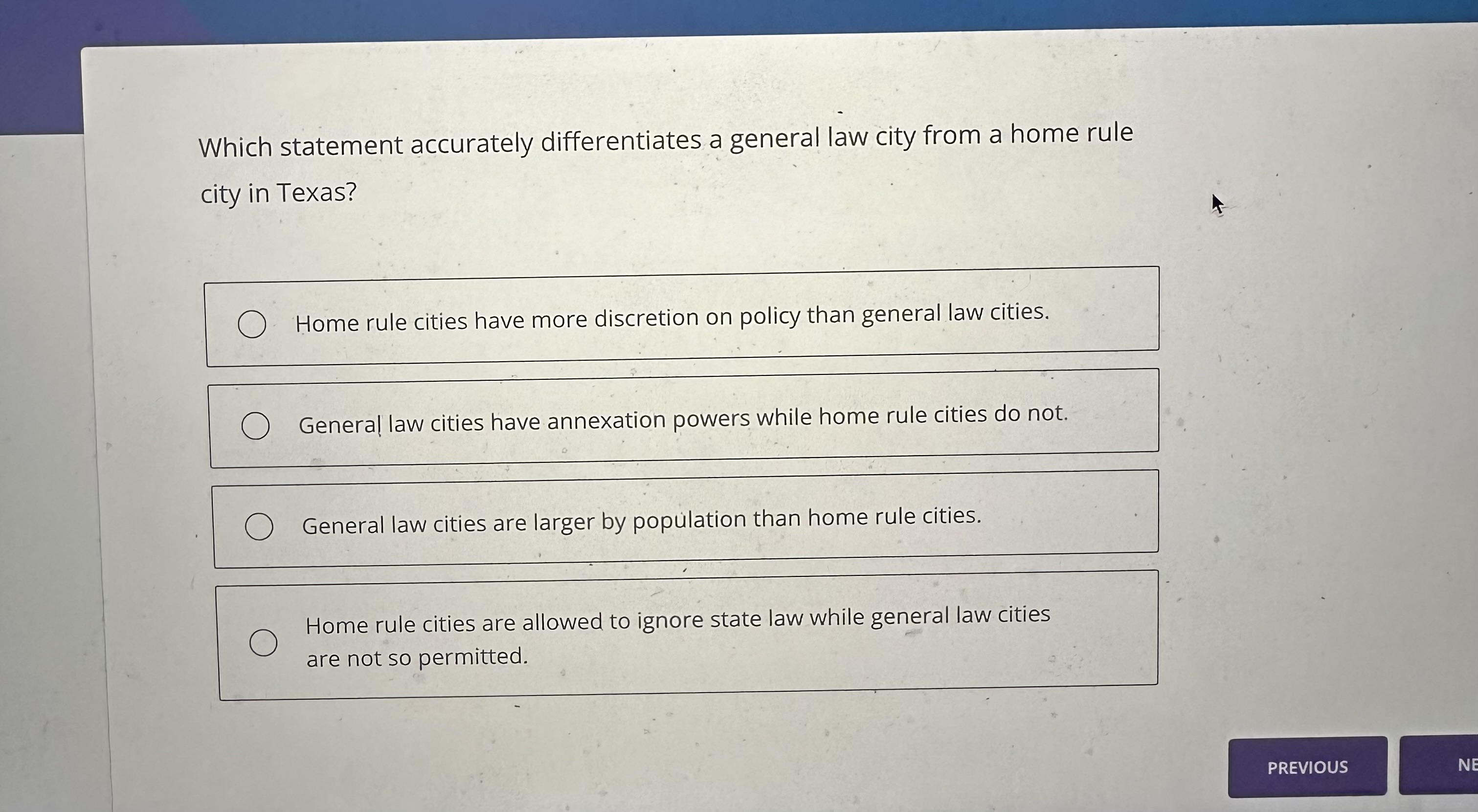  Which statement accurately differentiates a general law city from a home