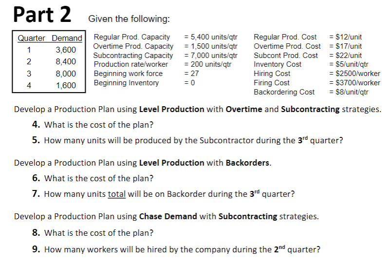 Please help :) Part 2 Given the following: Develop a Production Plan