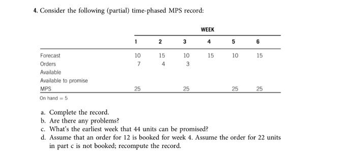  4. Consider the following (partial) time-phased MPS record: a. Complete the
