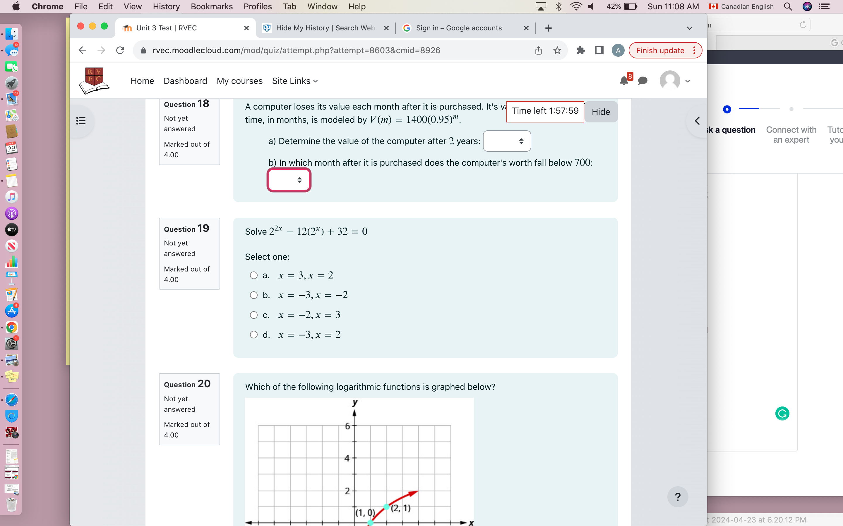 2 . = Question 4 Solve log, (3x + 11) = log,