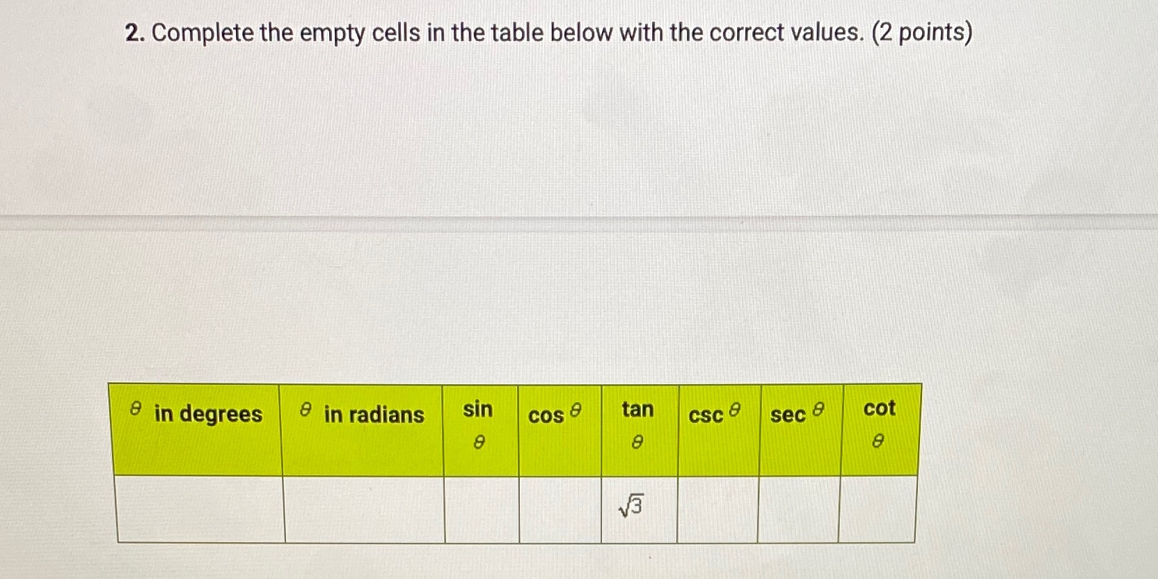  2. Complete the empty cells in the table below with the