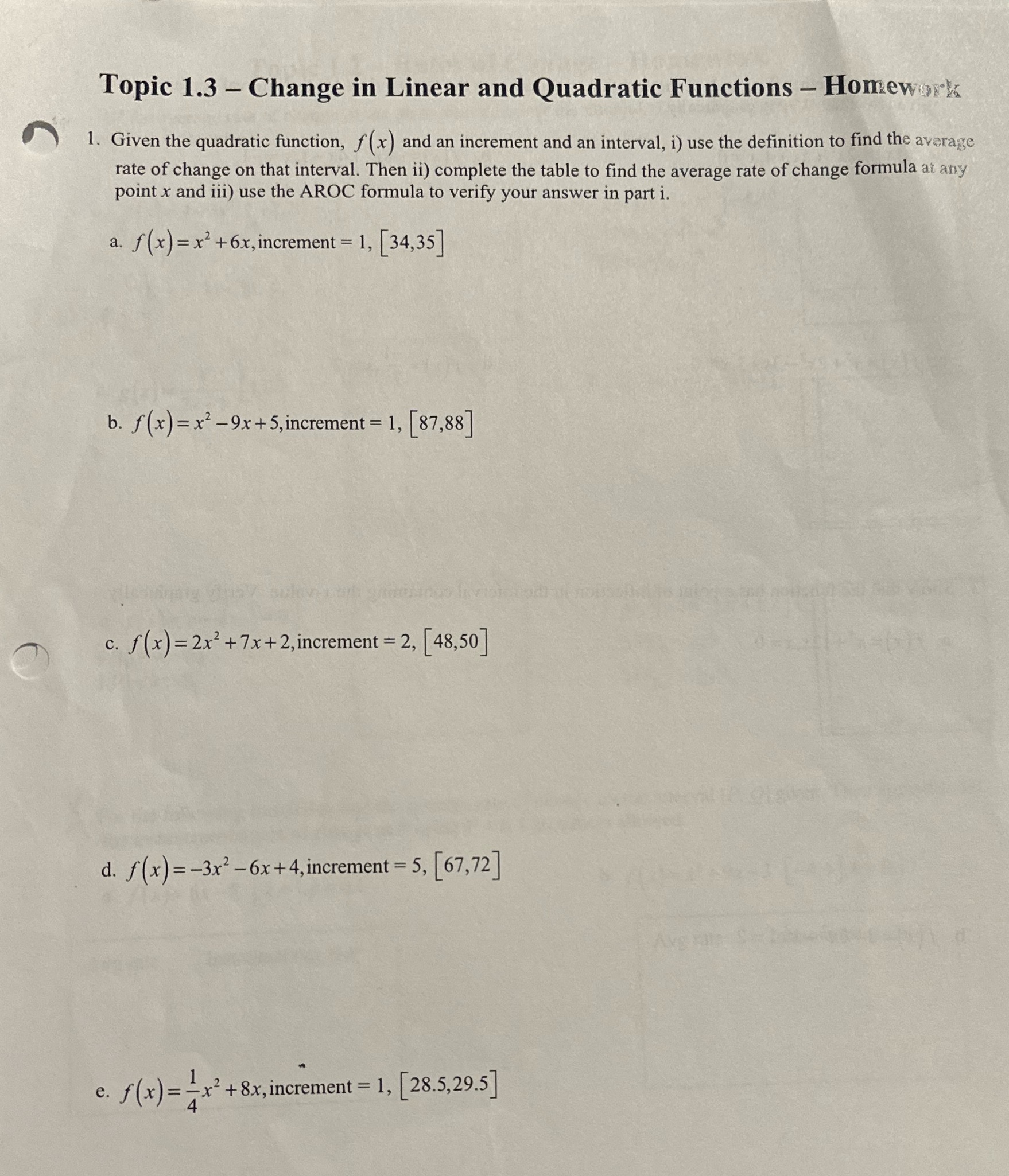 Help Topic 1.3 - Change in Linear and Quadratic Functions - Homework