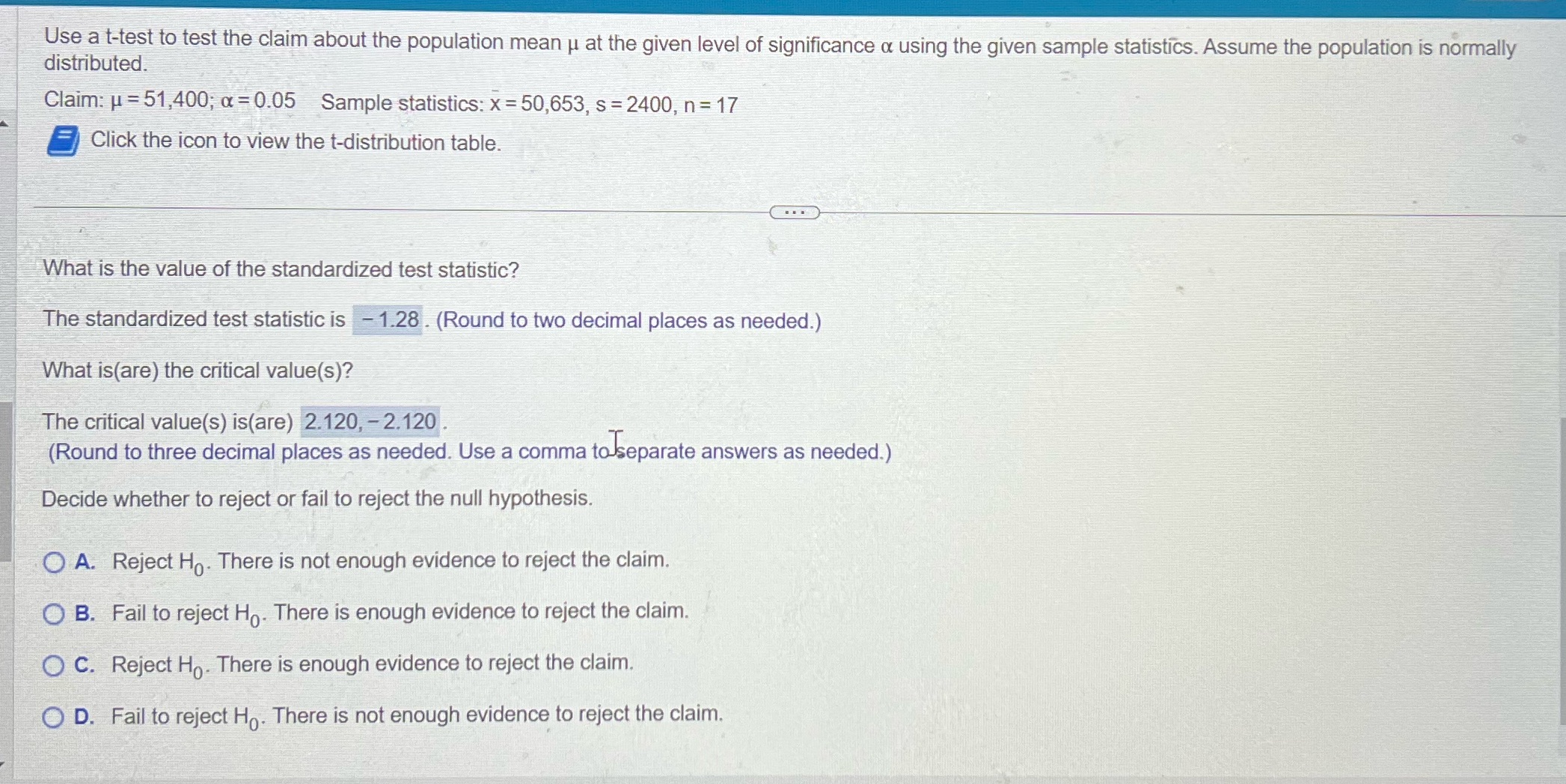 Please help me decide whether to reject or fail to reject the
