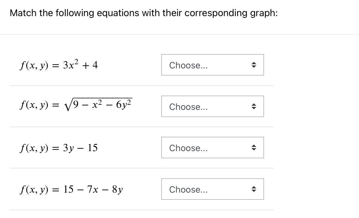  Match the following equations with their corresponding graph: f(x, y) =