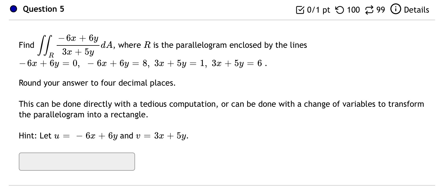 Exercise 5.7(1,2,3,4,5) 0 Question 5 B 0/1 pt '0 100 8 99