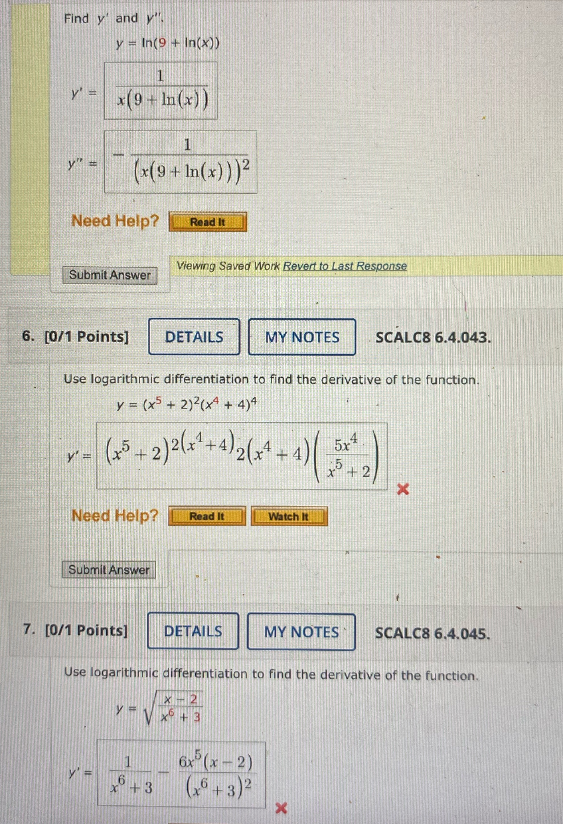 I need help with all three questions please Find y' and y!.