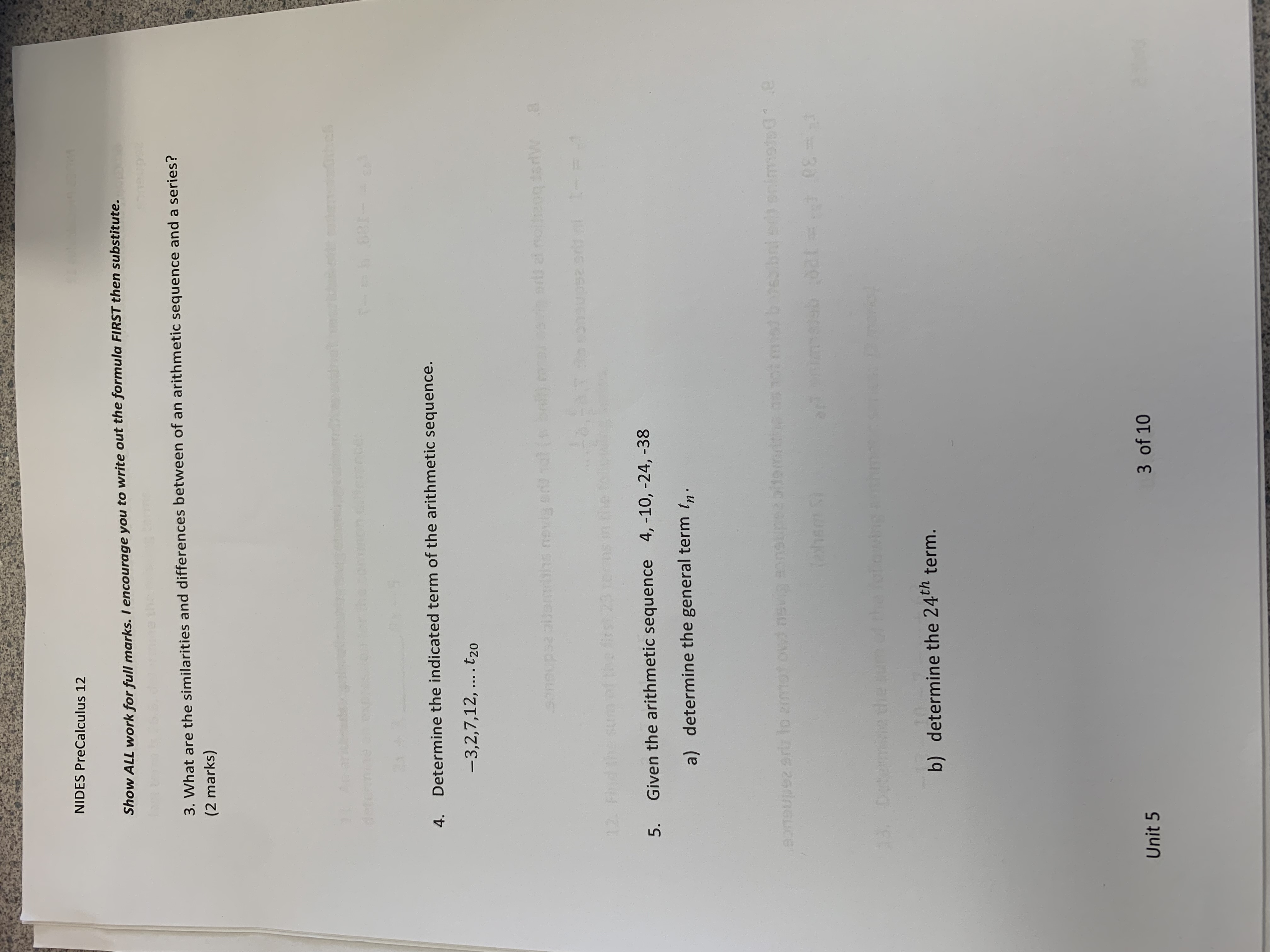 NIDES Precalculus 12 Show ALL work for full marks. I encourage