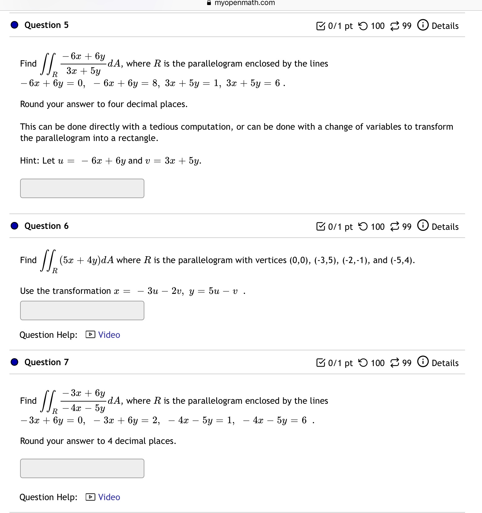 Exercise5.7(1 - 9)Calculas 3 myopenmath.com Question 5 0/1 pt 9 100 99