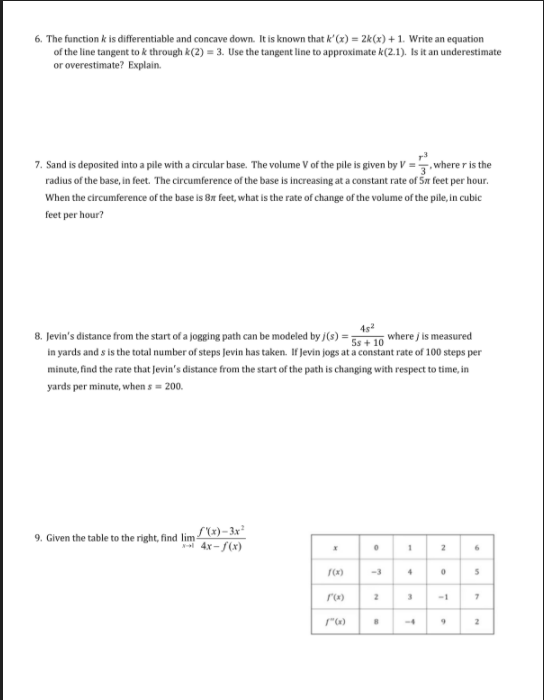 Please show steps/work. 6. The function k is differentiable and concave down.
