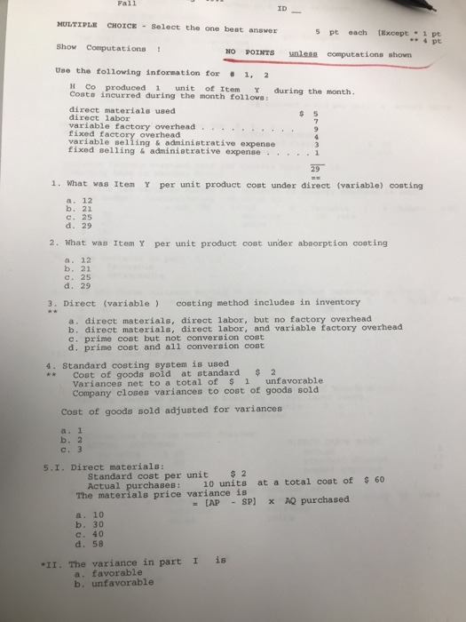 Consider the following system if linear equations Fall ID MULTIPLE CHOICE -
