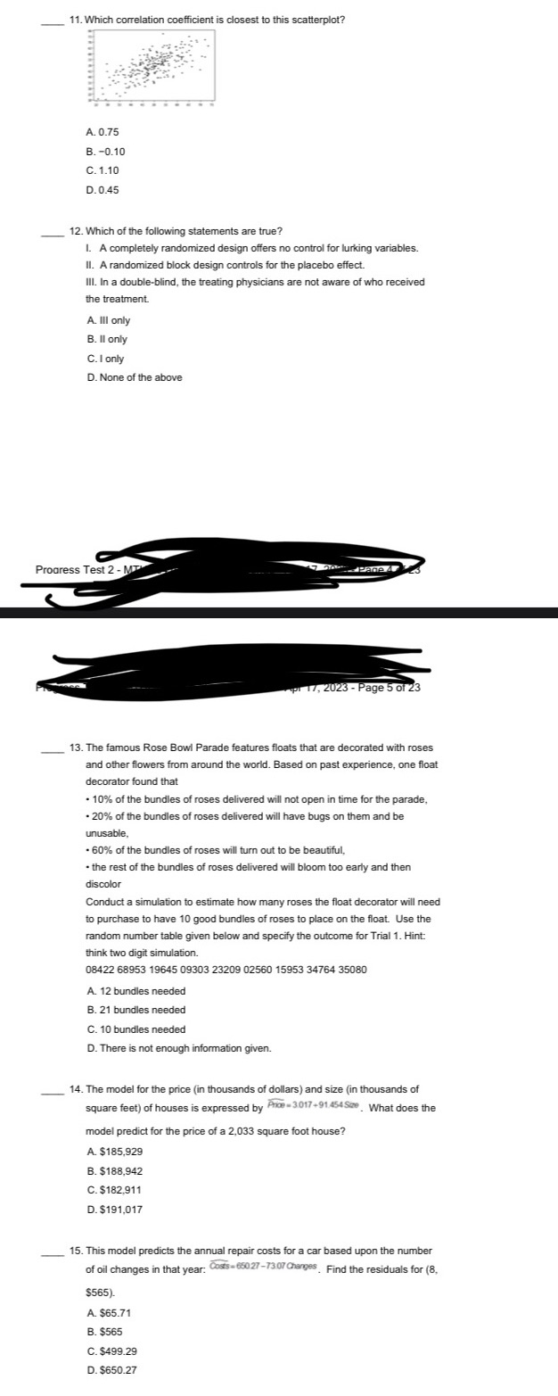 18-19 please 11. Which correlation coefficient is closest to this scatterplot? A.