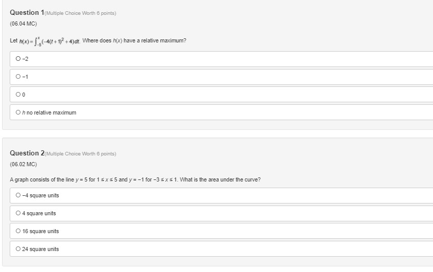  Question 1(Multiple Choice Worth 6 points) (06.04 MC) Let n(x) =