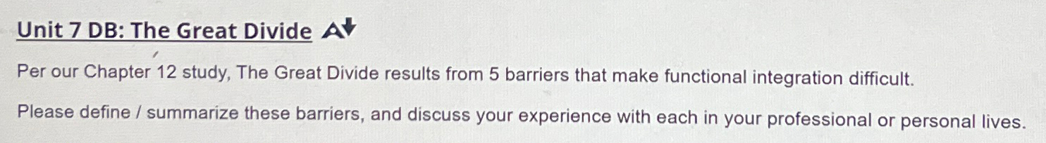  Unit 7 DB: The Great Divide A Per our Chapter 12
