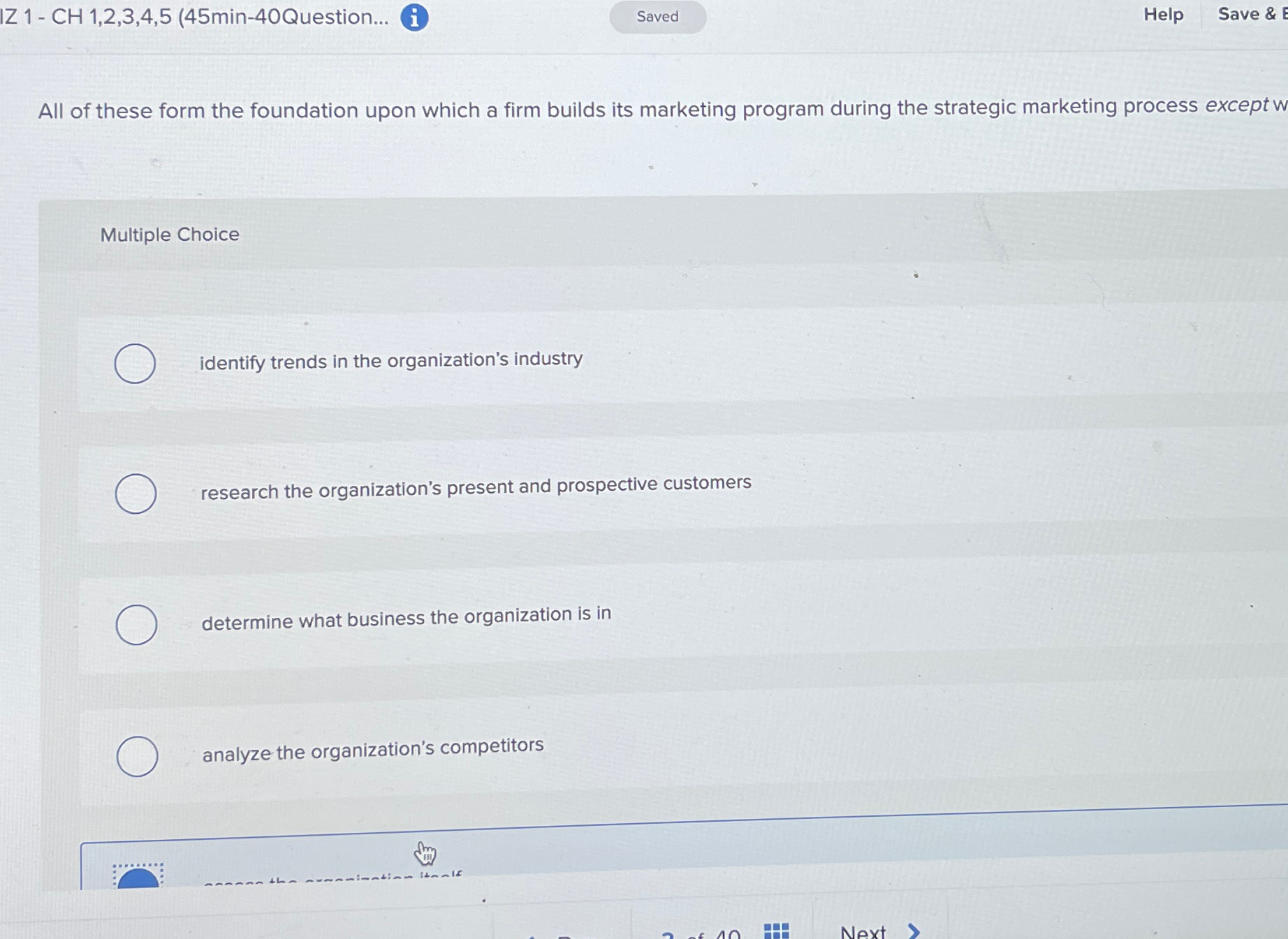  IZ 1- CH 1,2,3,4,5(45min-40Question... (i) Help Save & E All of