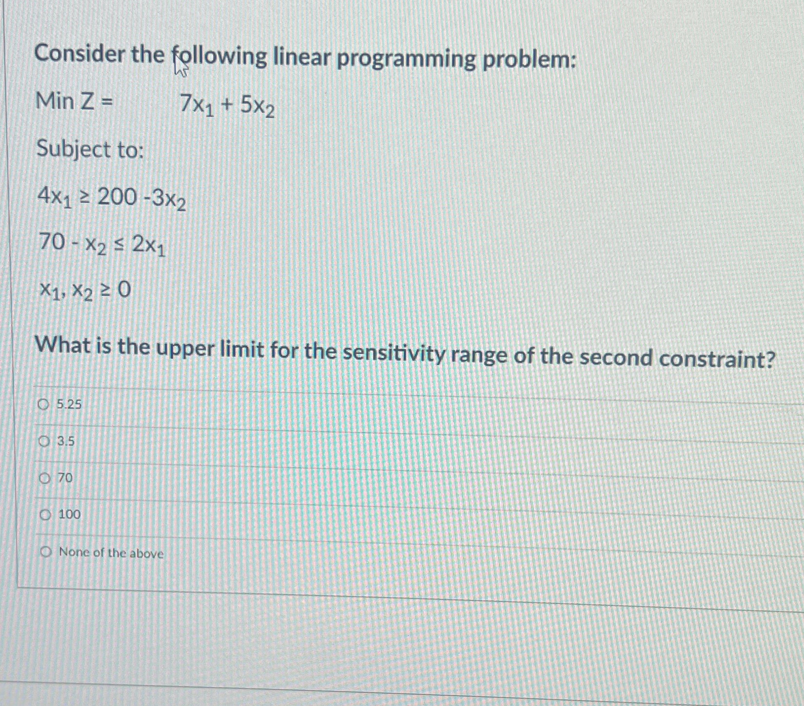  Consider the following linear programming problem: MinZ=,7x1+5x2 Subject to: 4x1200-3x2 70-x22x1
