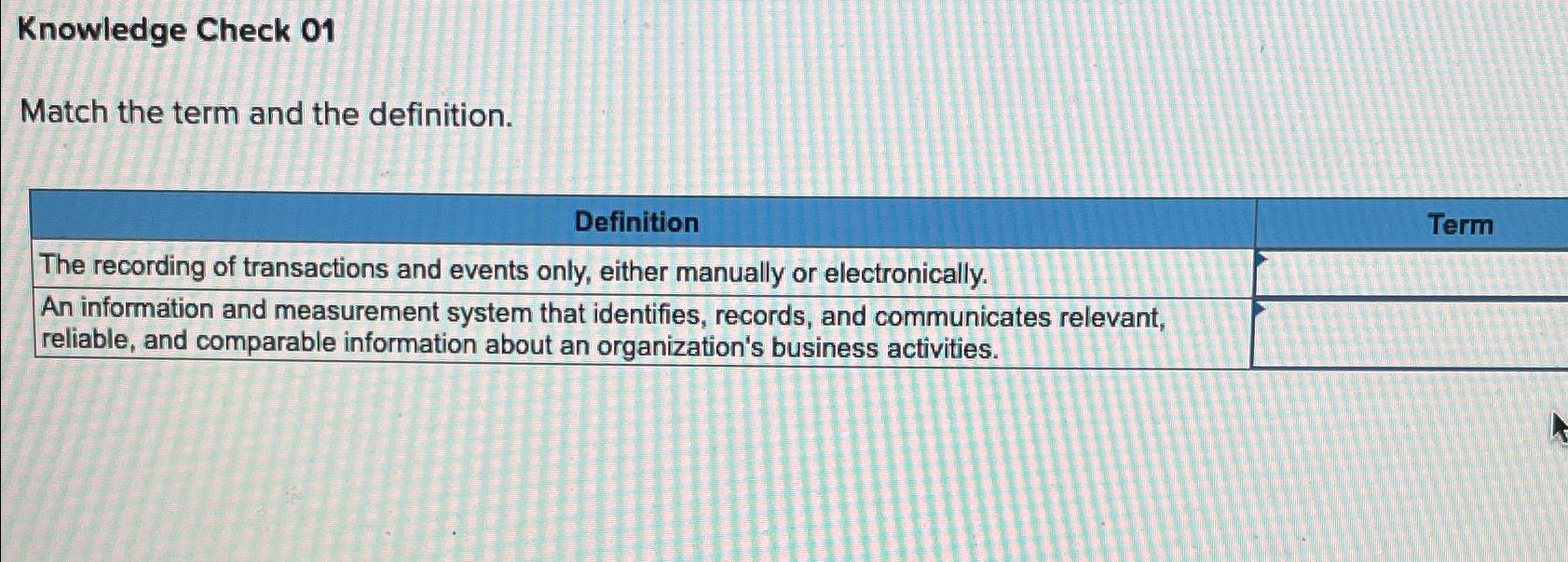  Knowledge Check 01 Match the term and the definition. \table[[Definition,Term],[The recording