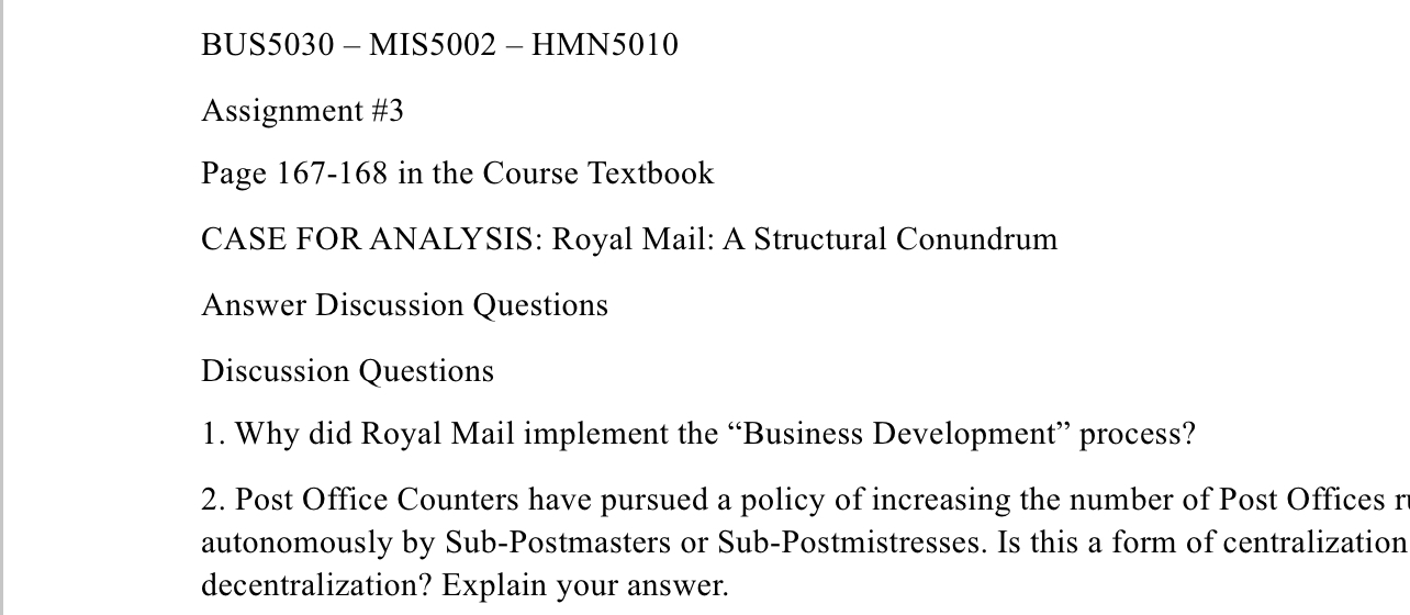  BUS5030- MIS5002- HMN5010 Assignment #3 Page 167-168 in the Course Textbook