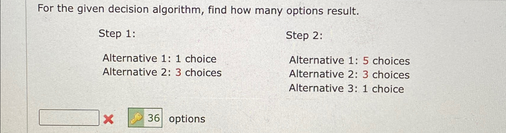  For the given decision algorithm, find how many options result. Step