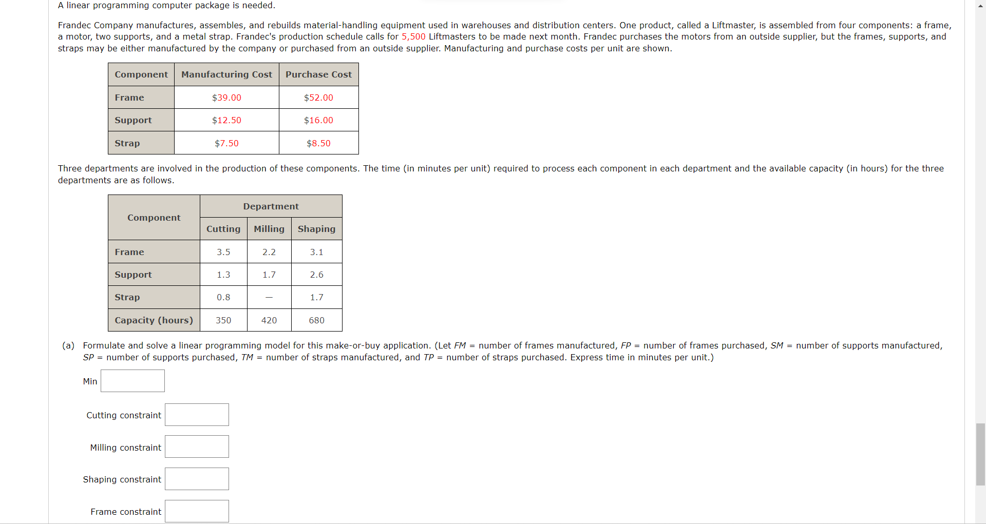  A linear programming computer package is needed. straps may be either
