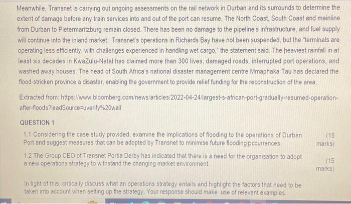 follow DURBAN PORT GRADUALLY RESTARTS OPERATIONS AFTER FLOODS South Africa's logistics group