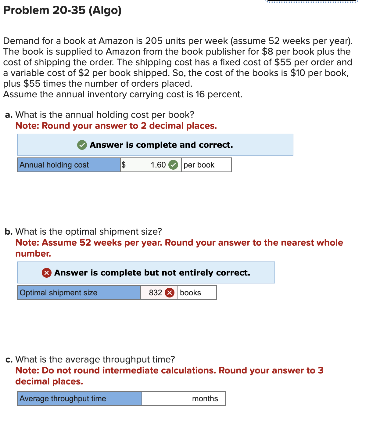  Problem 20-35(Algo) Demand for a book at Amazon is 205 units
