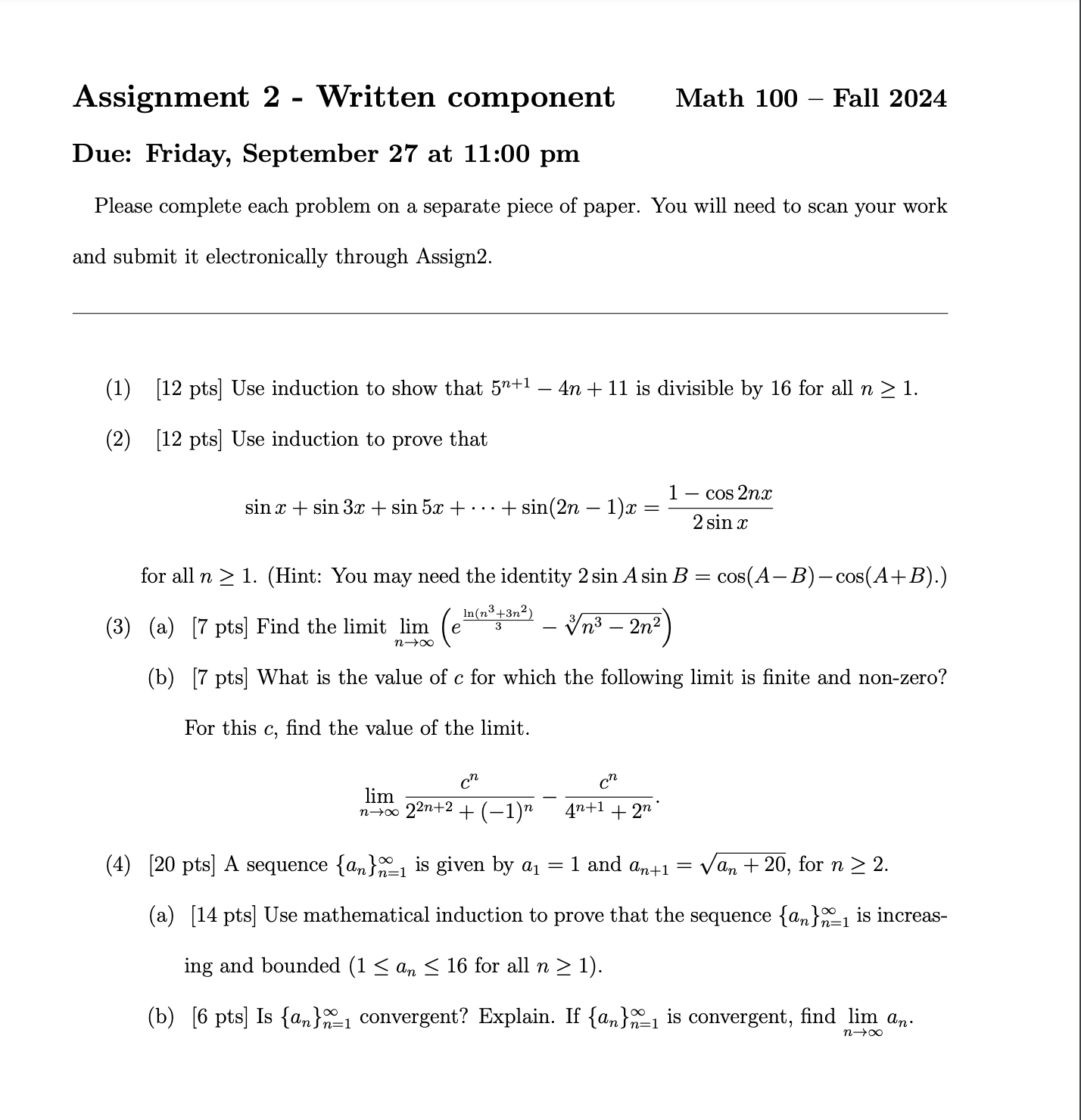  Assignment 2 - Written component Math 100 - Fall 2024 Due: