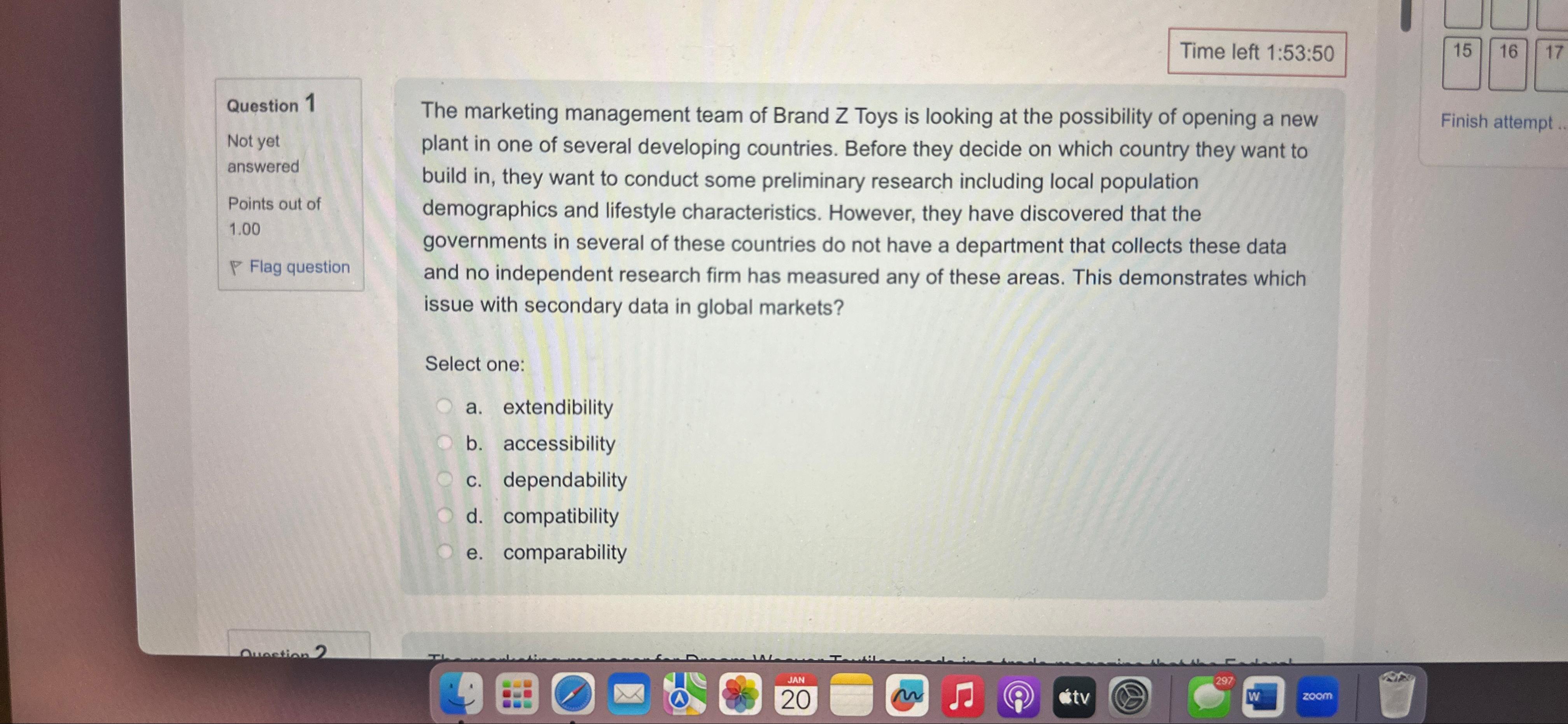  Time left 1:53:50 Question 1 Not yet answered Points out of