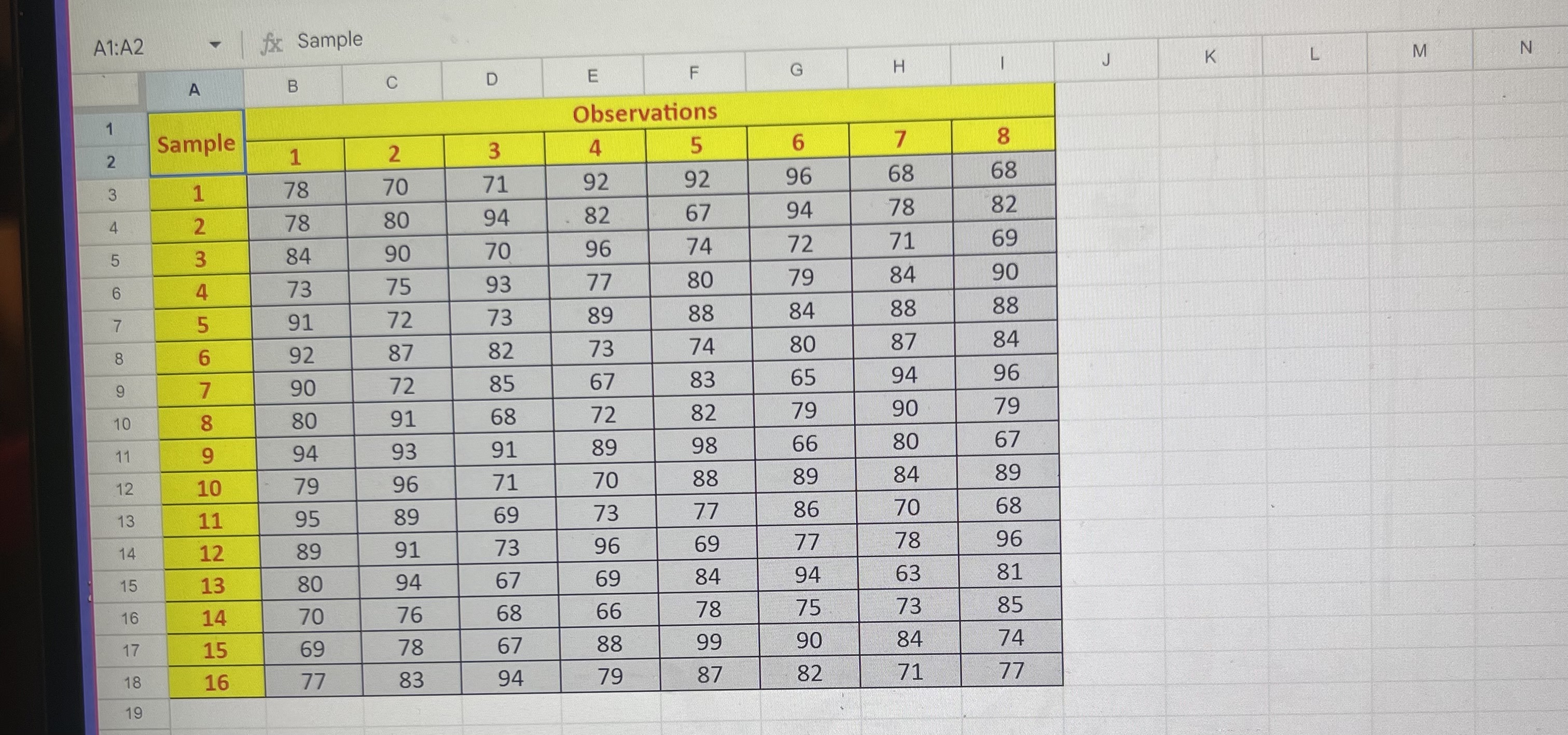  Using the sample of observation in this excel sheet, calculate the