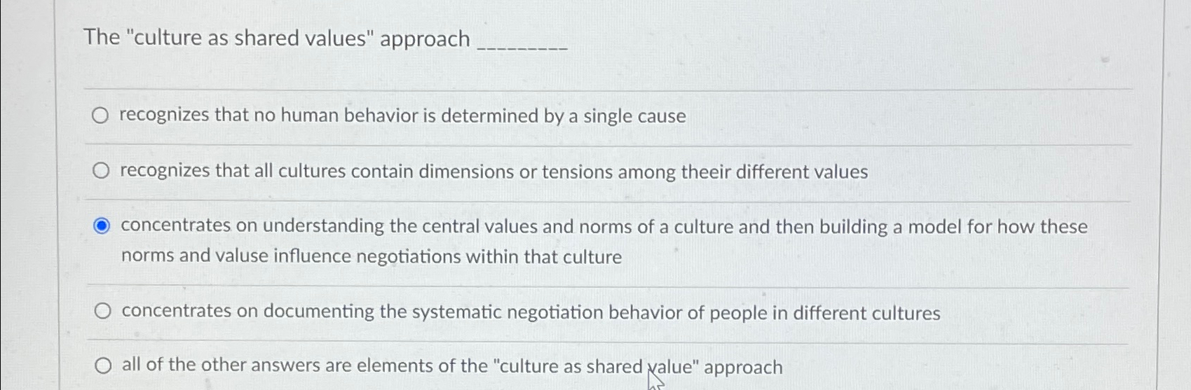  The "culture as shared values" approach recognizes that no human behavior