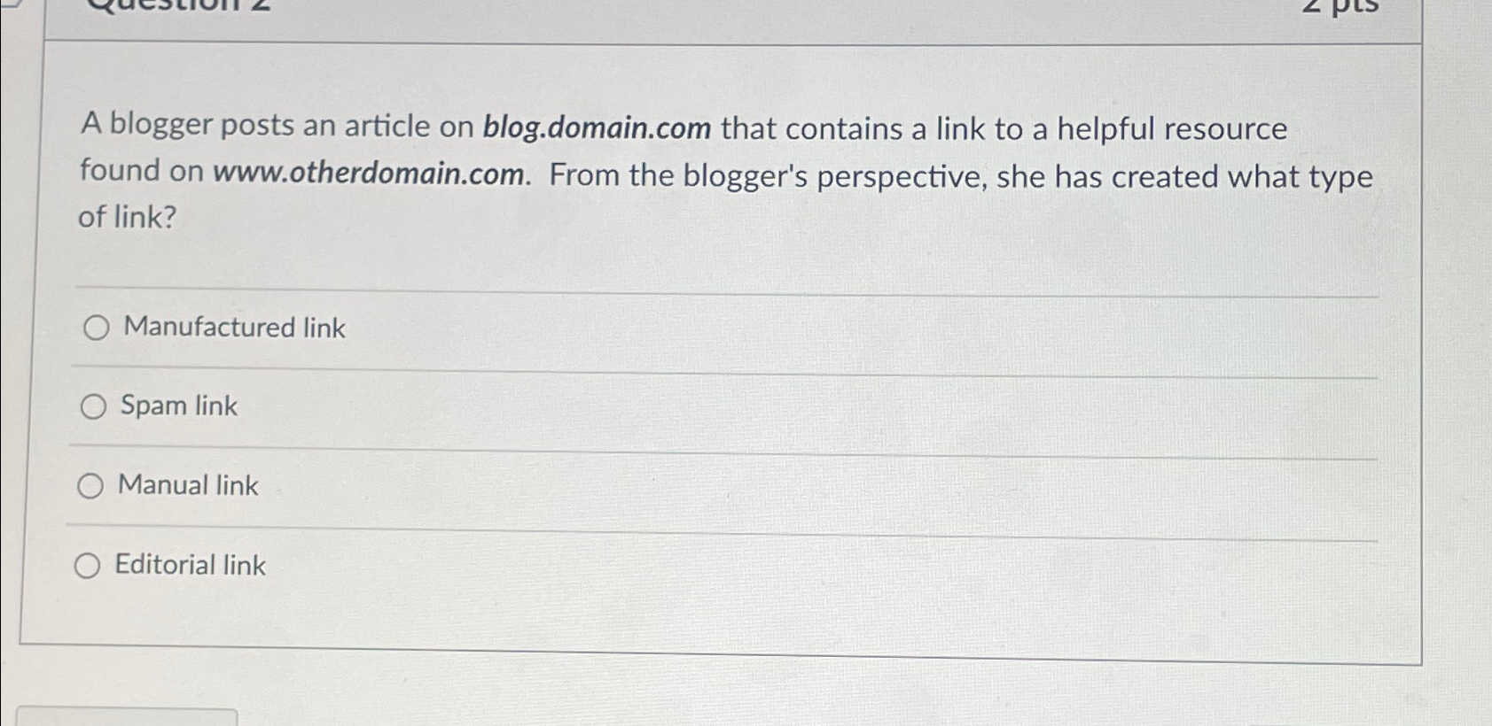  A blogger posts an article on blog.domain.com that contains a link