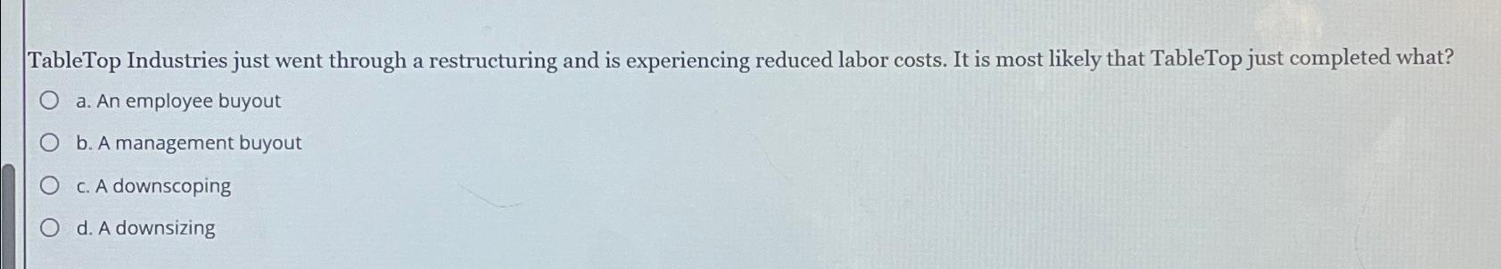  TableTop Industries just went through a restructuring and is experiencing reduced