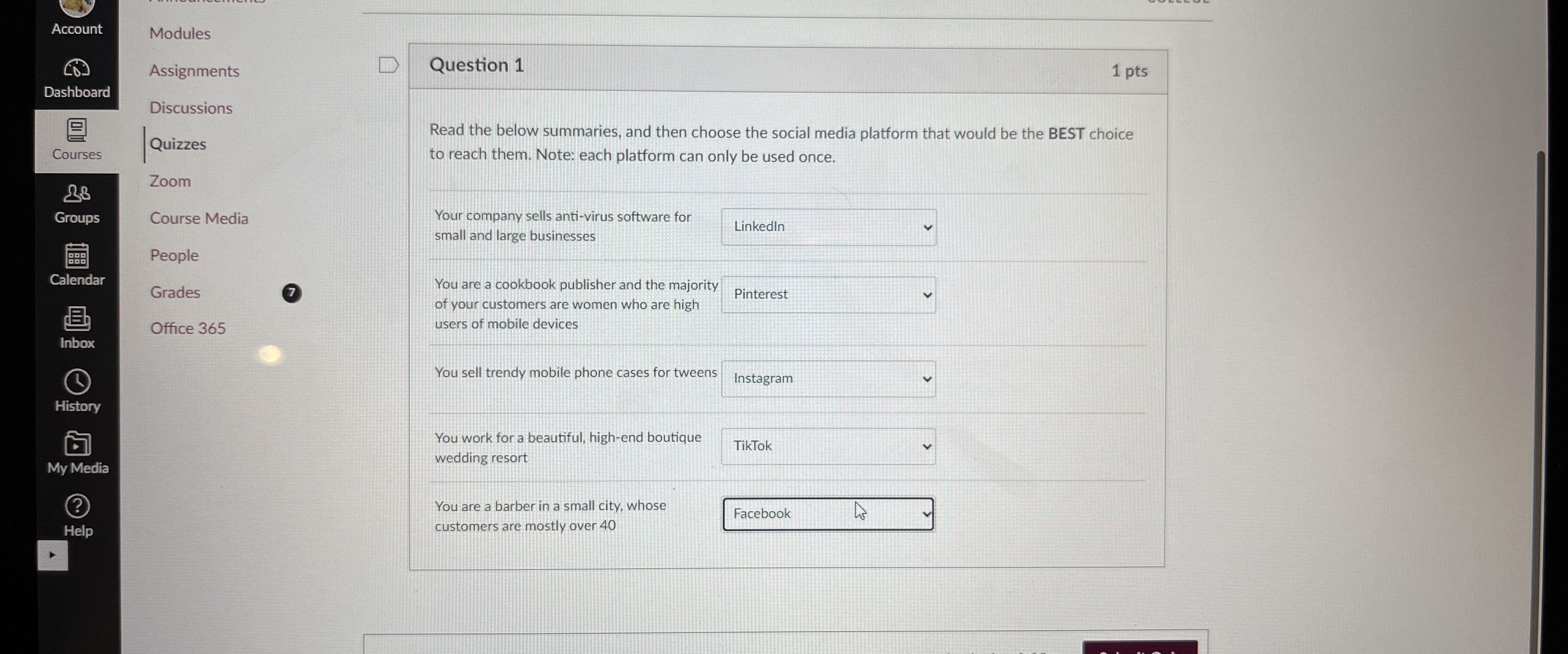  Account Modules Assignments Question 1 1pts Dashboard Courses Discussions Quizzes Read
