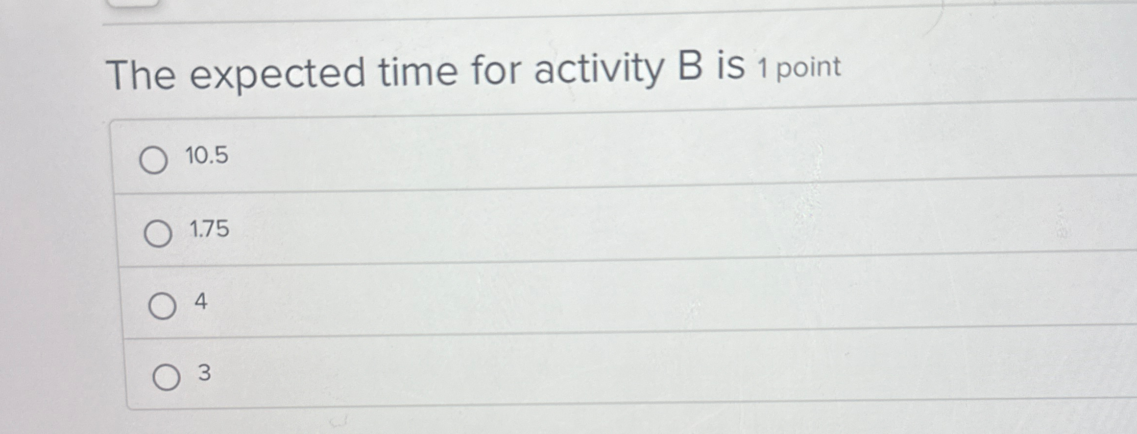  The expected time for activity B is 1 point 10.5 1.75
