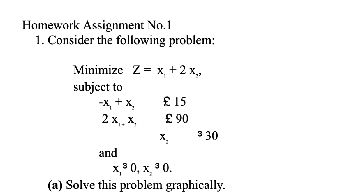  Homework Assignment No.1 Consider the following problem: Minimize Z=x1+2x2, subject to