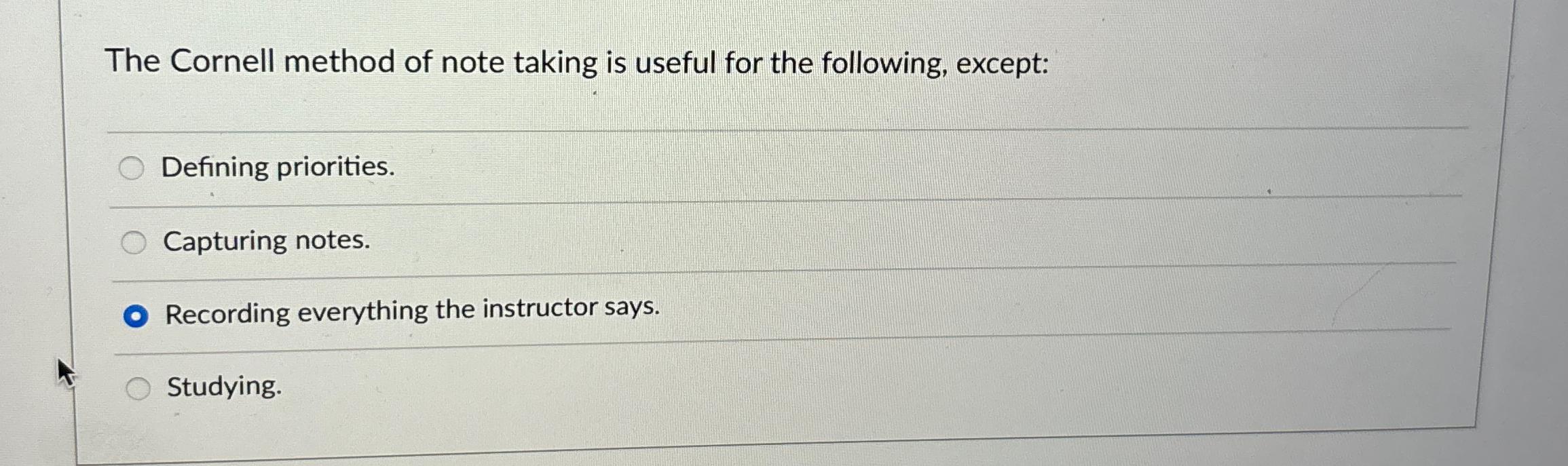  The Cornell method of note taking is useful for the following,