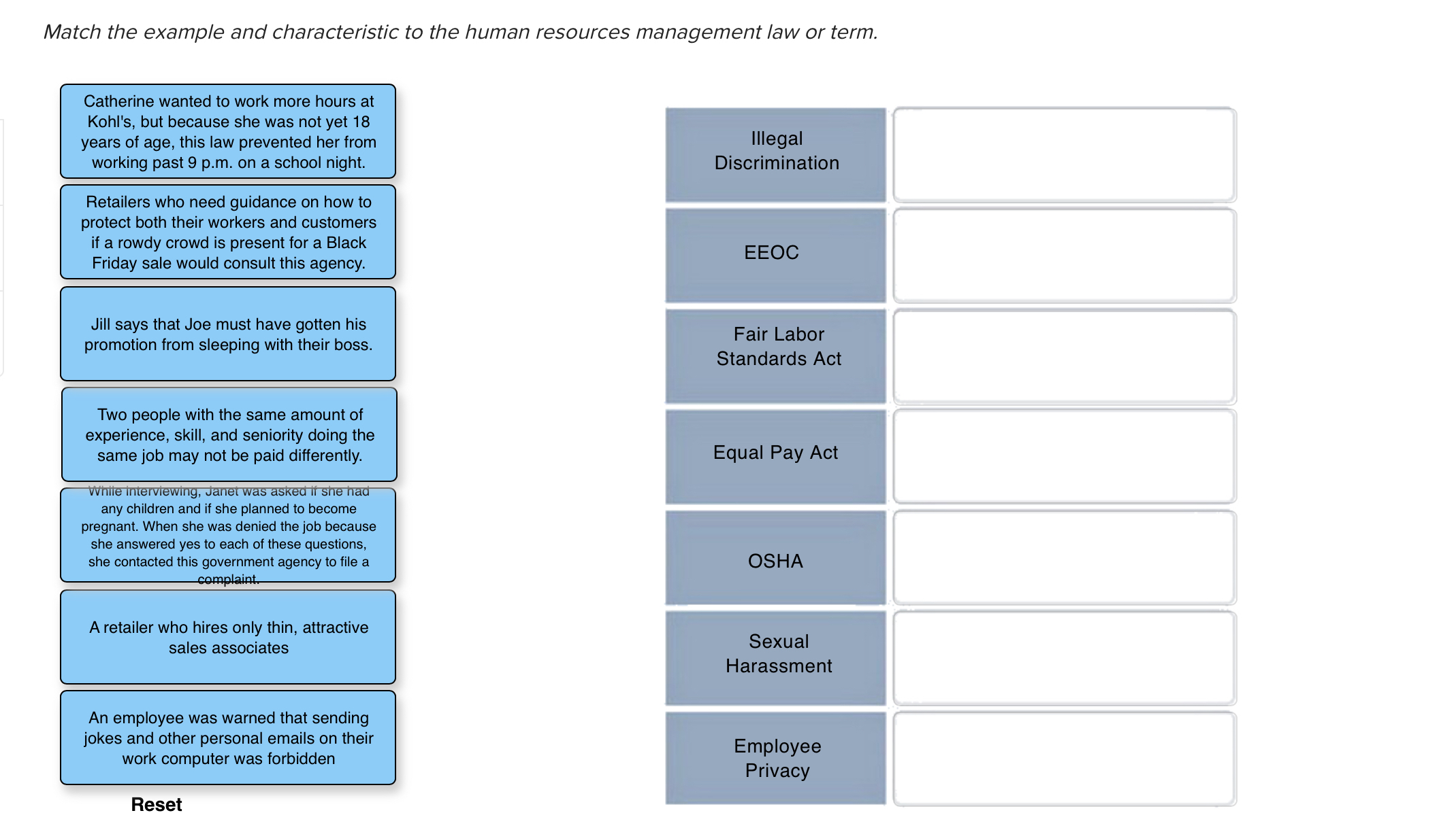  Match the example and characteristic to the human resources management law