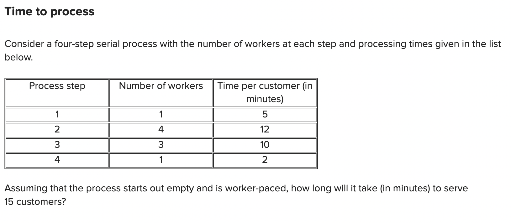  Time to process Consider a four-step serial process with the number