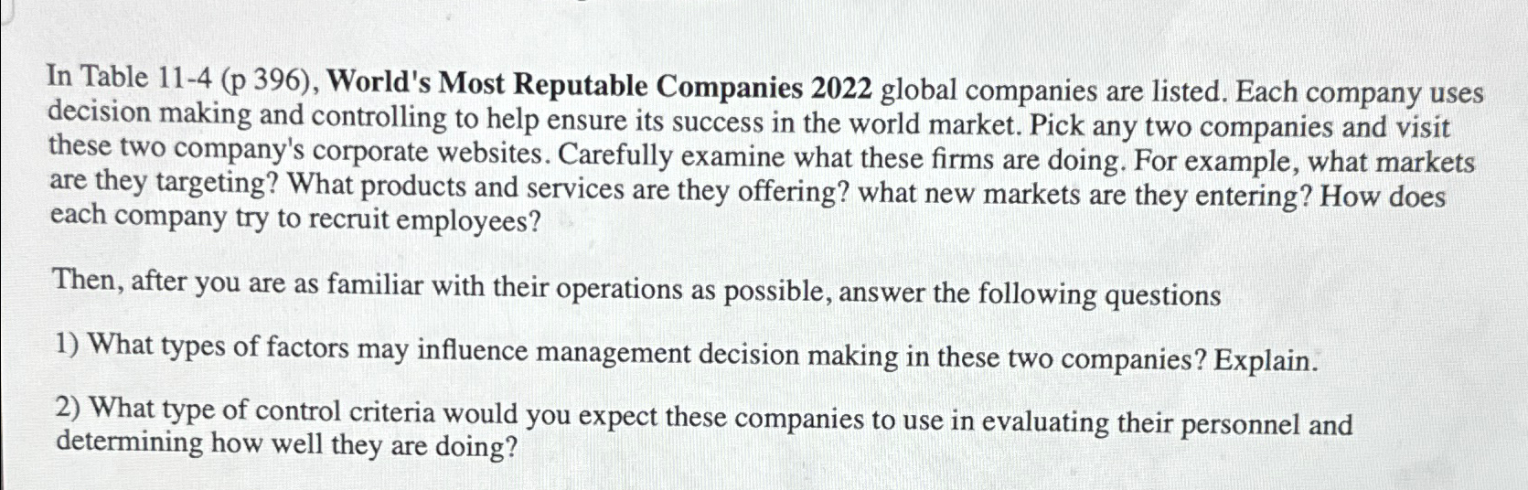  In Table 11-4(p 396), World's Most Reputable Companies 2022 global companies