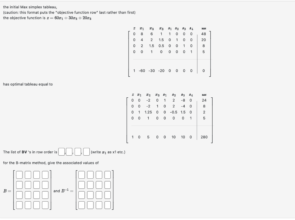 the initial Max simplex tableau, (caution: this format puts the "objective