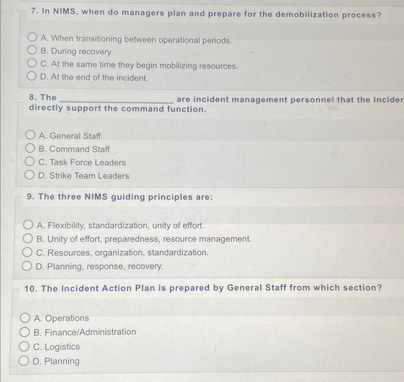  In NIMS, when do managers plan and prepare for the demobilization
