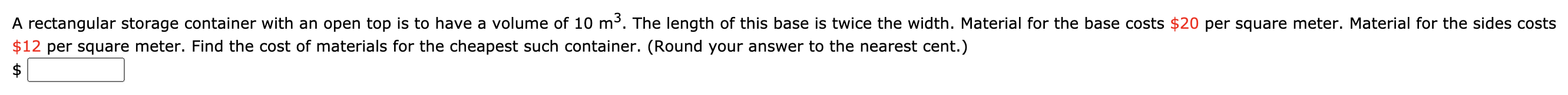 Calc question 9 A rectangular storage container with an open top is