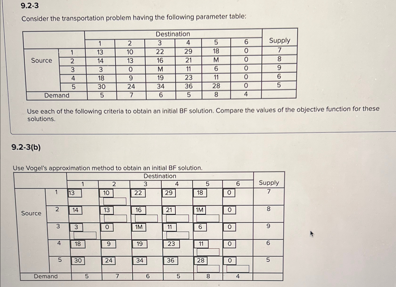  9.2-3 Consider the transportation problem having the following parameter table: \table[[,,Destination,Supply],[,,1,2,3,4,5,6],[Source,1,13,10,22,29,18,0,7],[2,14,13,16,21,M,0,8],[3,3,0,M,11,6,0,9],[4,18,9,19,23,11,0,6],[5,30,24,34,36,28,0,5],[Demand,5,7,6,5,8,4,]]