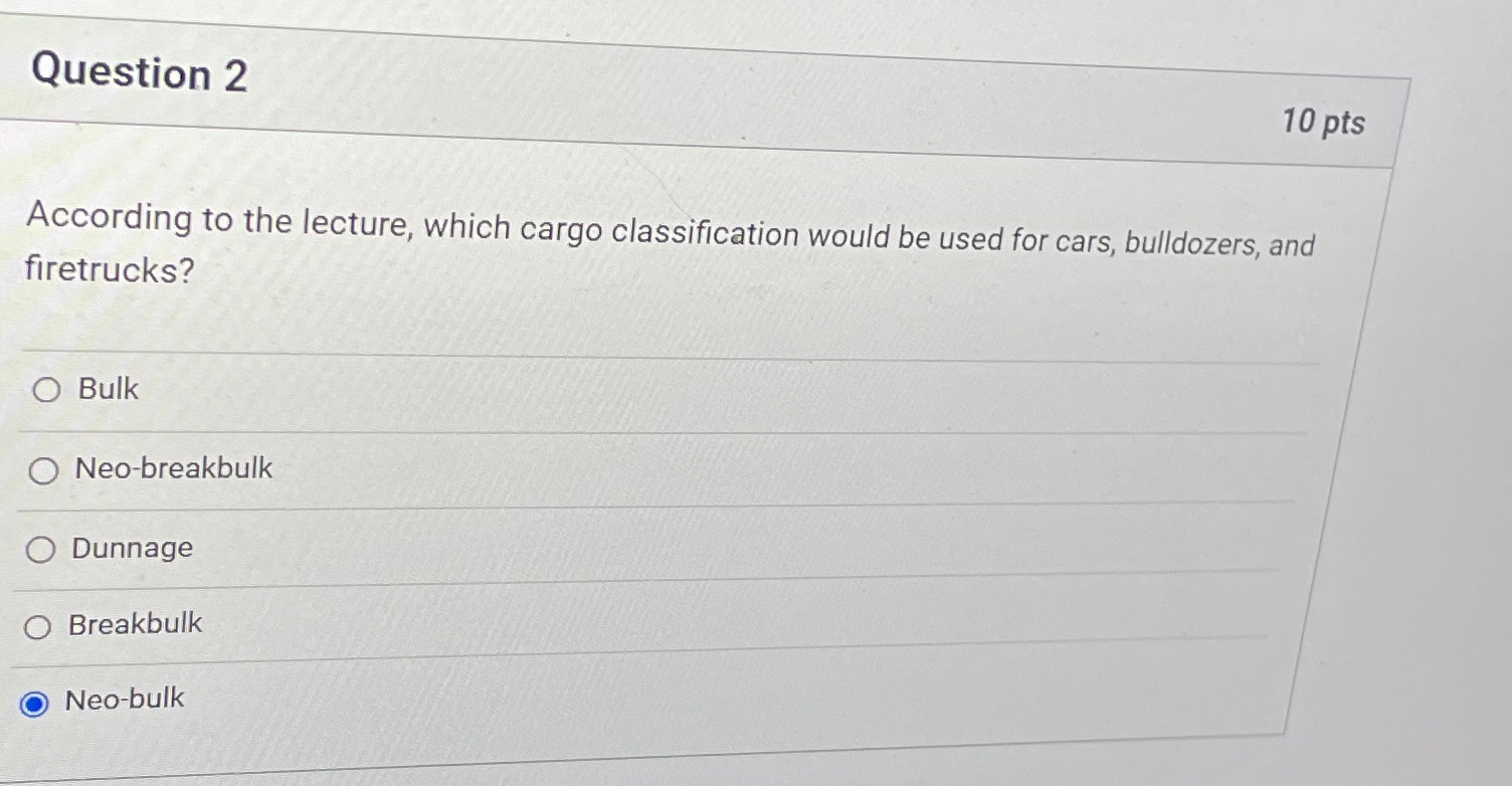  Question 2 10 pts According to the lecture, which cargo classification