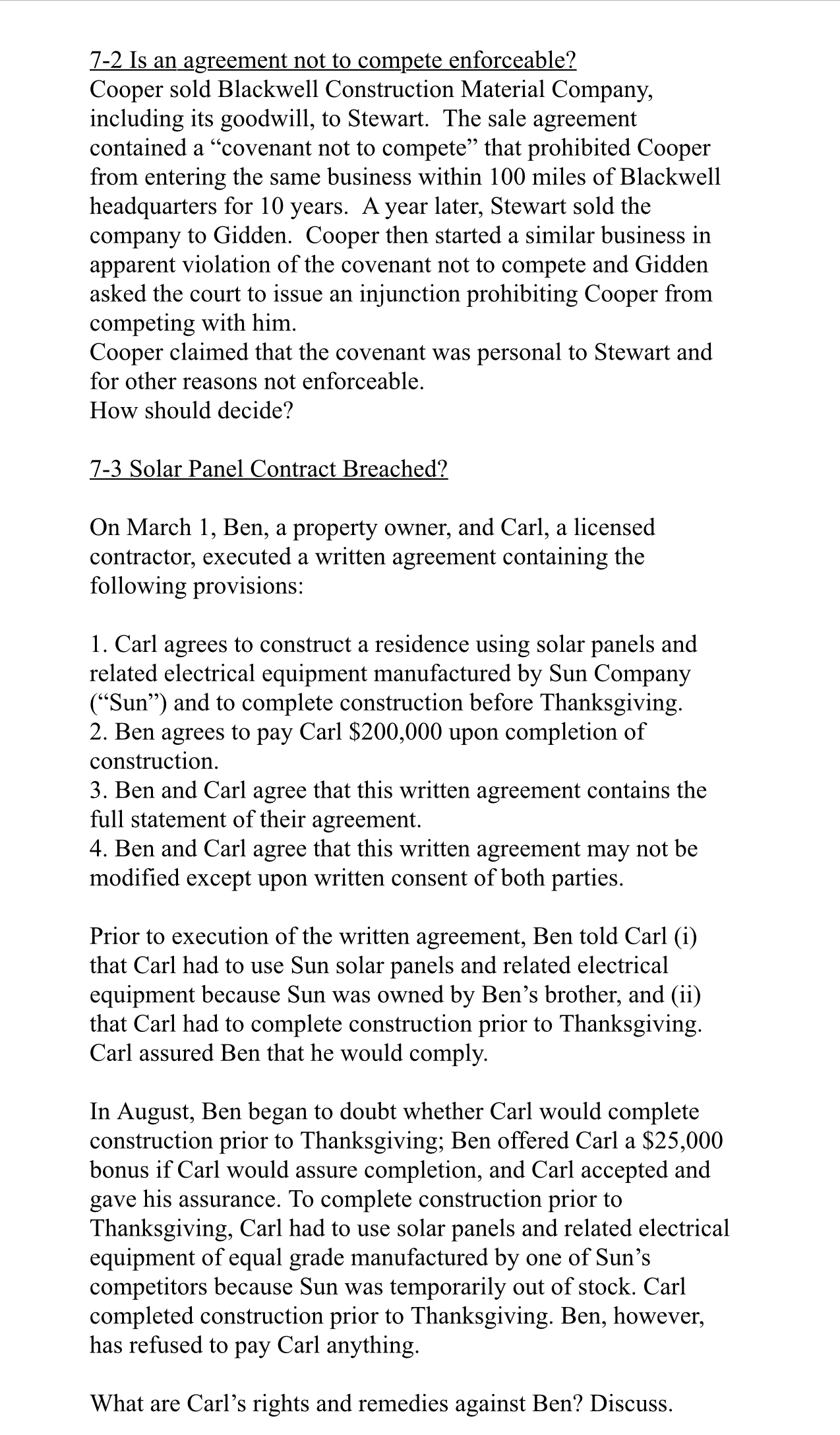  7-2 Is an agreement not to compete enforceable? Cooper sold Blackwell