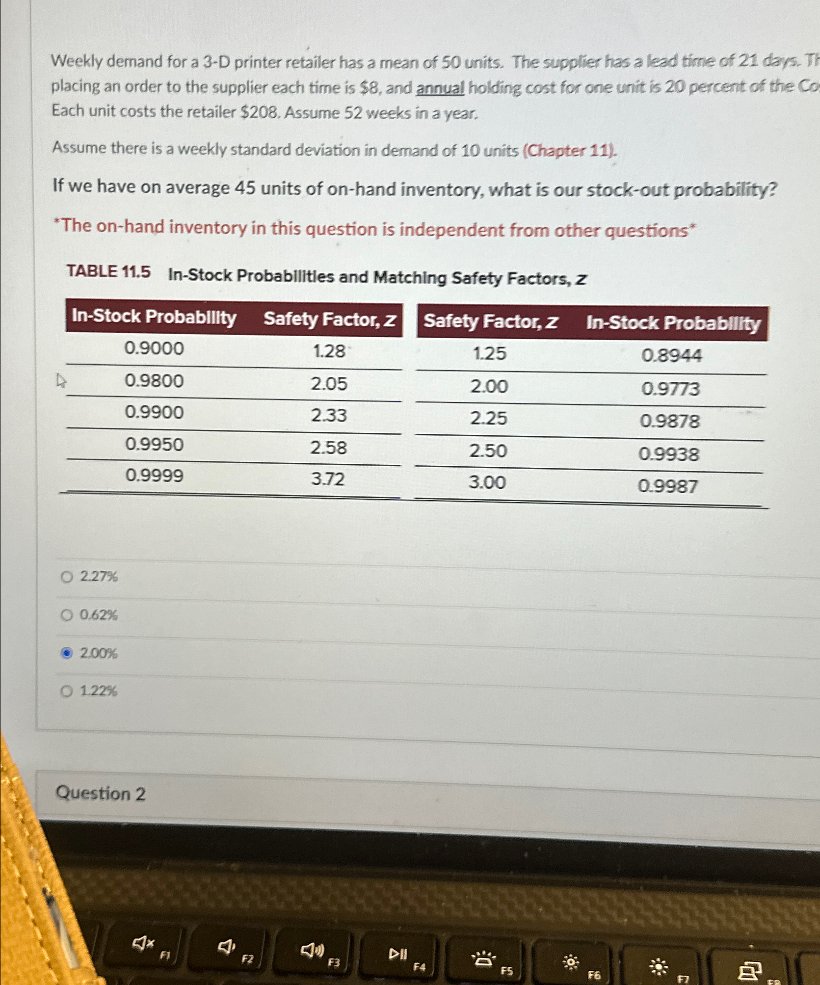  Weekly demand for a 3-D printer retailer has a mean of