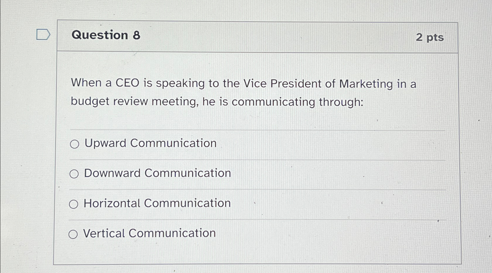  Question 8 2 pts When a CEO is speaking to the